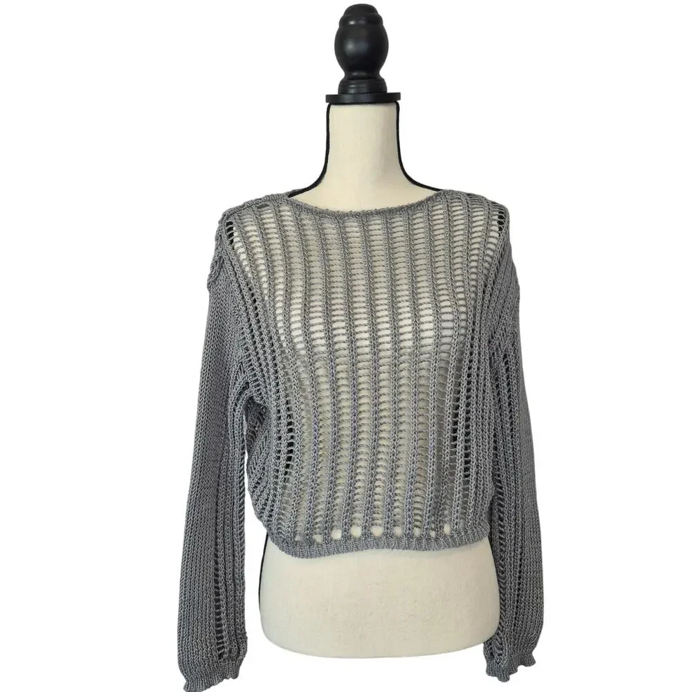 Miss Sparkling Sweater Grey Open Knit Crochet Crop Long Sleeve Women's Size S